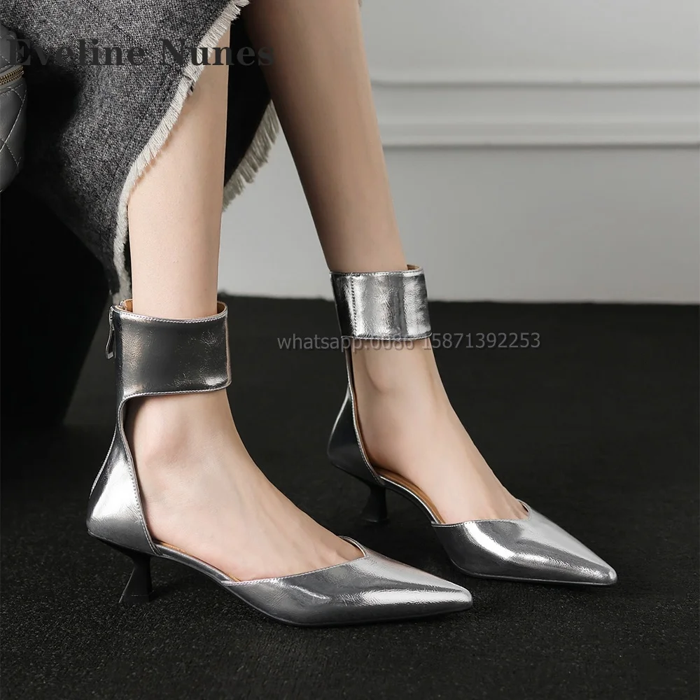 

Pointed Toe Silvery Luxury Sandals V-Cut Elegant Solid Shoes 2024 Newest Side Air Stiletto One Word Belt Zipper Women Gladiator