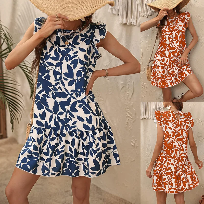 Spring Summer New Women's Loose ort Skirt Faion Print ort Sve round Ne Dr Ele Polka Dot Pleated Dr