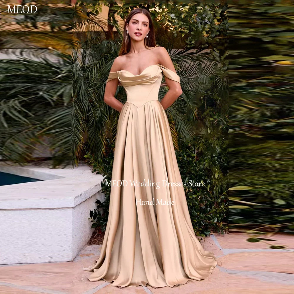 

MEOD Satin Champagne Evening Gown Sweetheart Floor Length Prom Gown Long Train Off The Shoulder Robes De Soirée Customized