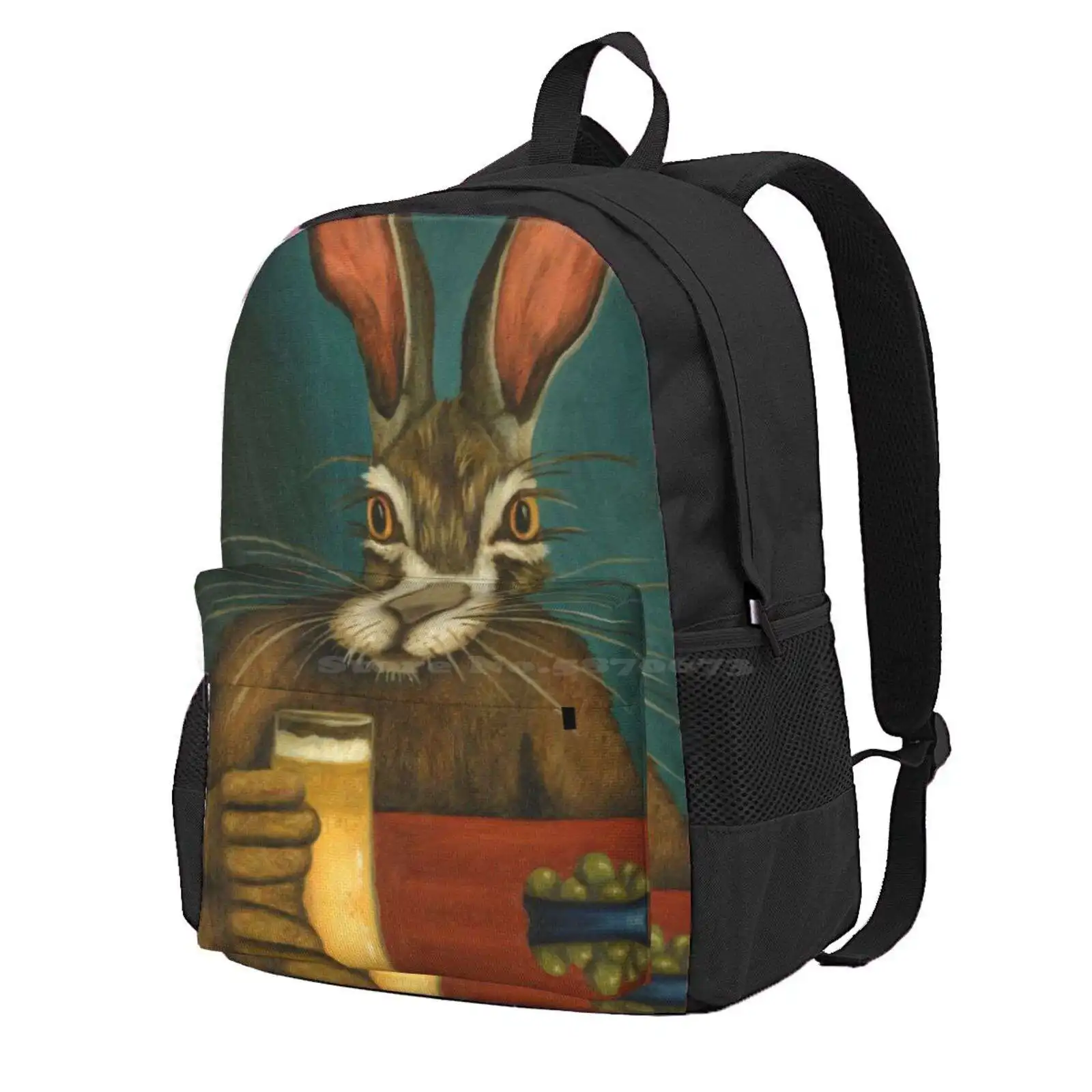 Mochila escolar con diseño de conejo y Hops, bolsa de moda, divertida, de Pascua, para beber cerveza, Humor, liebre y aceitunas, gran oferta