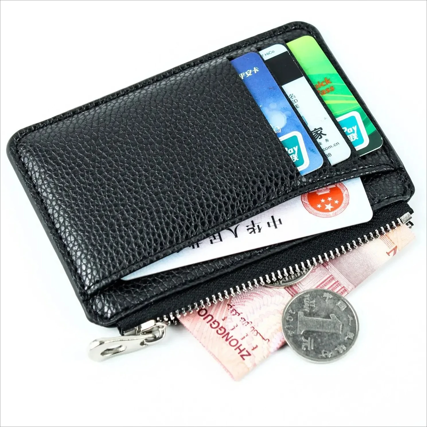 Mini tarjetero con cremallera, cartera, bolso delgado para tarjetas bancarias de crédito, organizador portátil, delgado, ultrafino, bolsillo corto para monedas para hombres