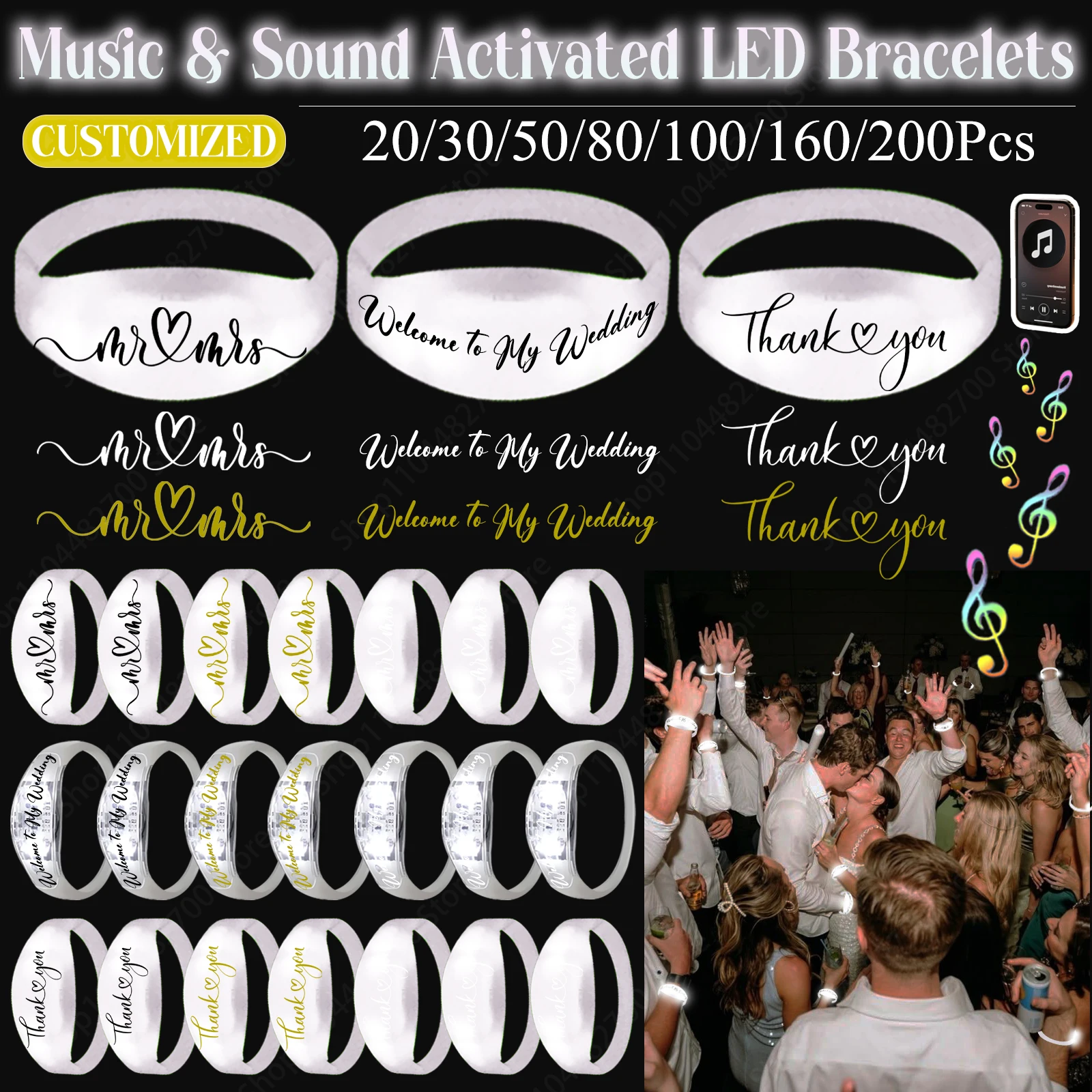 Bracelets LED Activés par la Musique et le Son (20-200 Pièces) – Bracelets Lumineux qui Brillent dans le Noir pour Mariages et Fêtes (Accessoires pour Invités)
