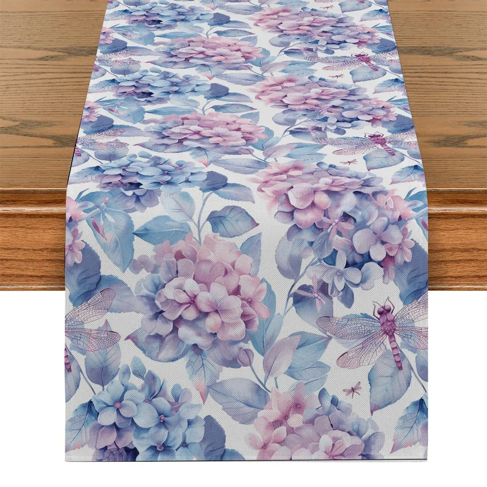 

Watercolor Style Table Runner Floral Hydrangea Dragonfly Butterfly Tablecloth Suitable for Kitchen DiningRoom LivingRoom Dresser