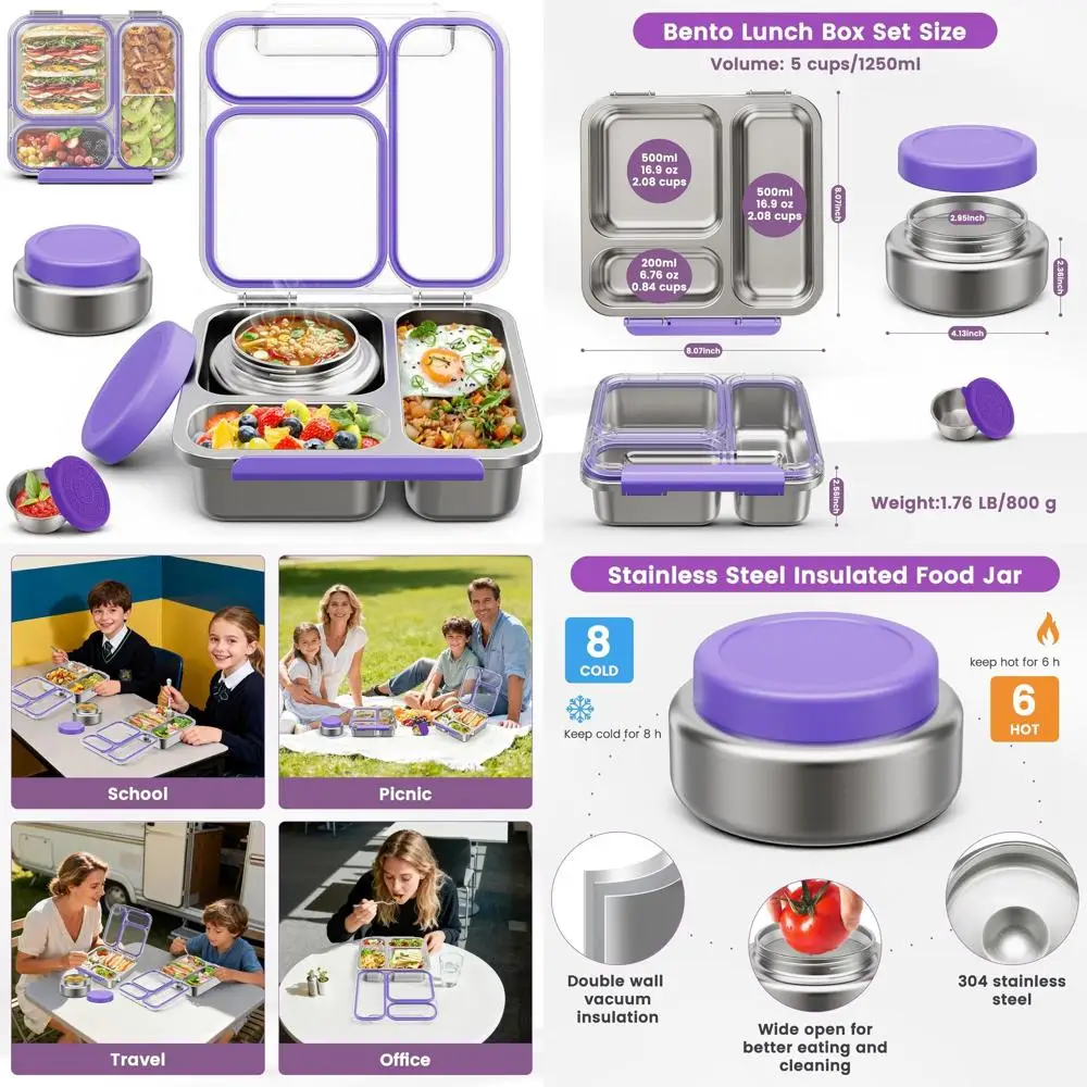 

Фиолетовый термобокс для супа на 7 унций с 3 отделениями и термосом для еды для детей и взрослых, контейнер для обеда без бисфенола А с крышкой