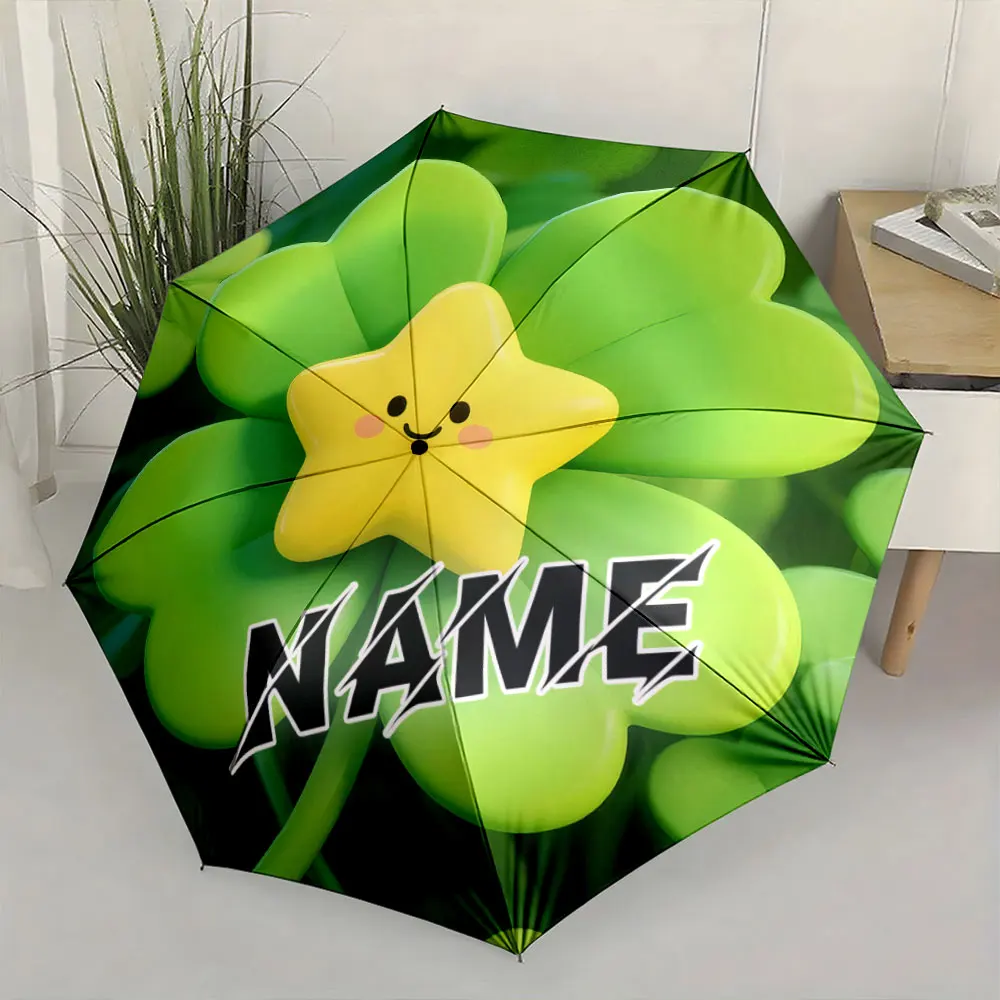 Custom Name Umbrella,Smiling Yellow Star on Green Clover Background Umbrella Design