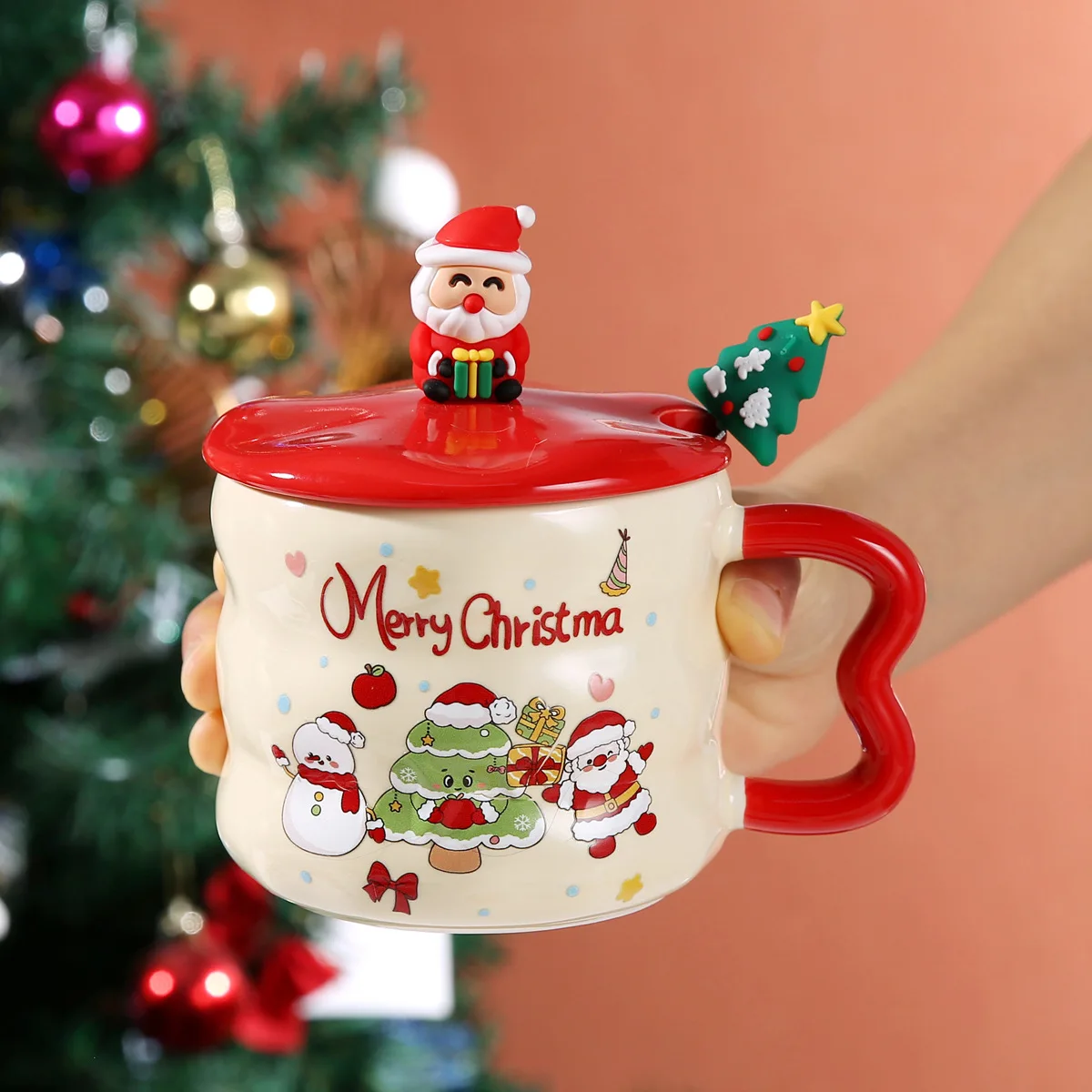 Keramische Kerstmok met Cartoon Paar Motief, met Deksel, Grote Capaciteit, Feestdagcadeau met Souvenir Koffiemok