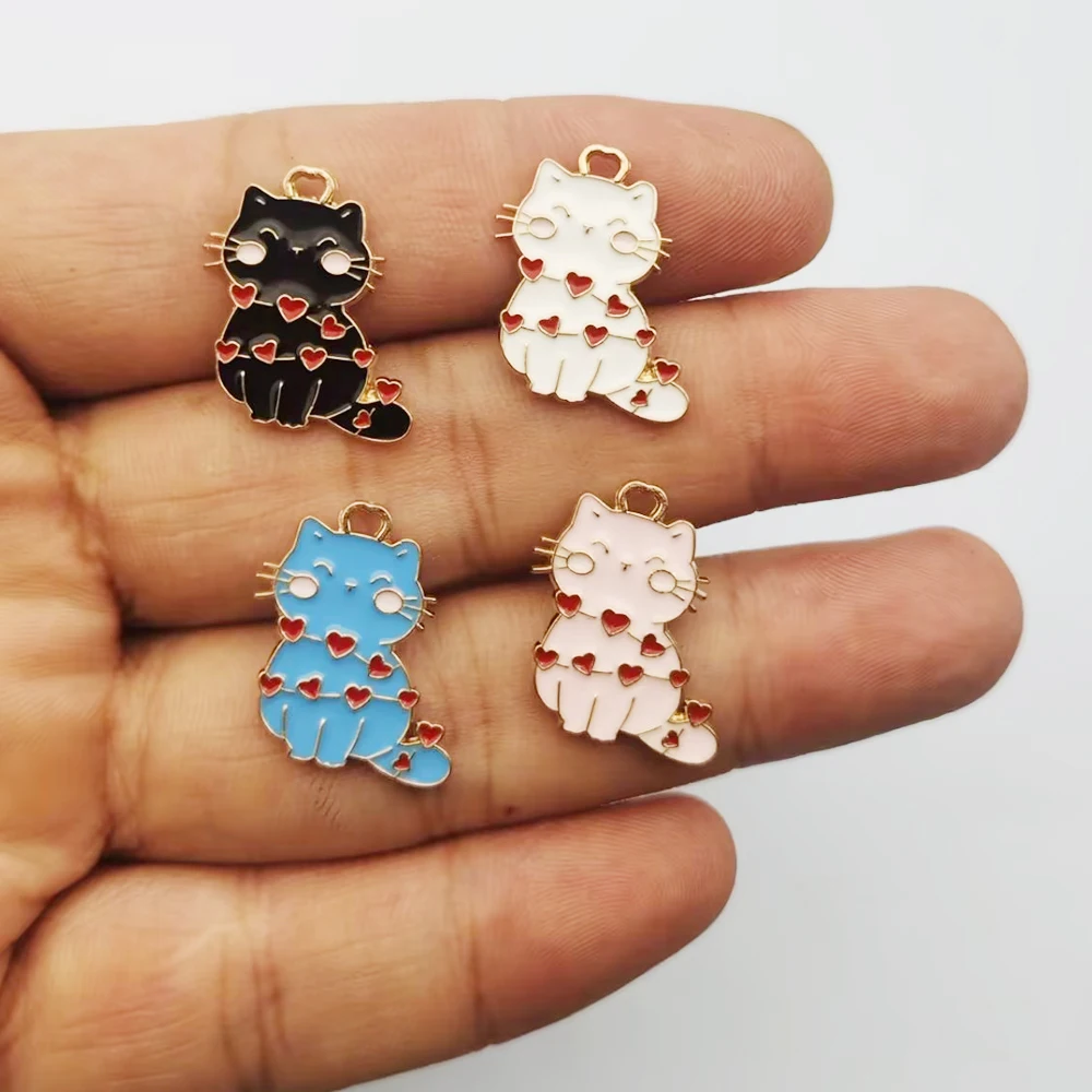 10pcs Heart Cat Charm for Jewelry Making Accessories Diy Earring Bracelet Keychain Pendant Alloy Metal Gold Plated