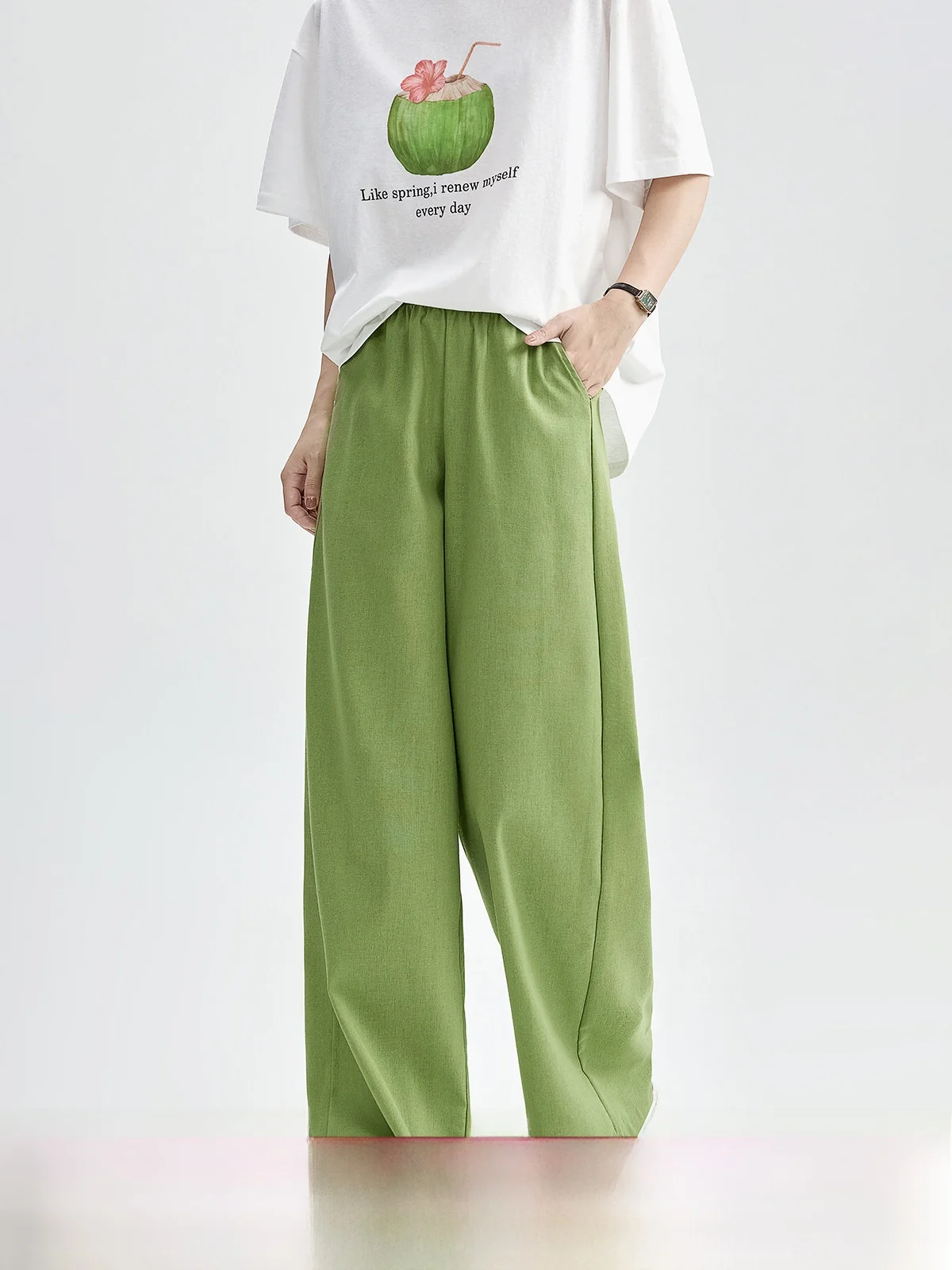 

High Waist Linen Wide Leg Casual Pants Women's Summer New Sle Elastic Waist Loose Straight Cut Versatile Trousers
