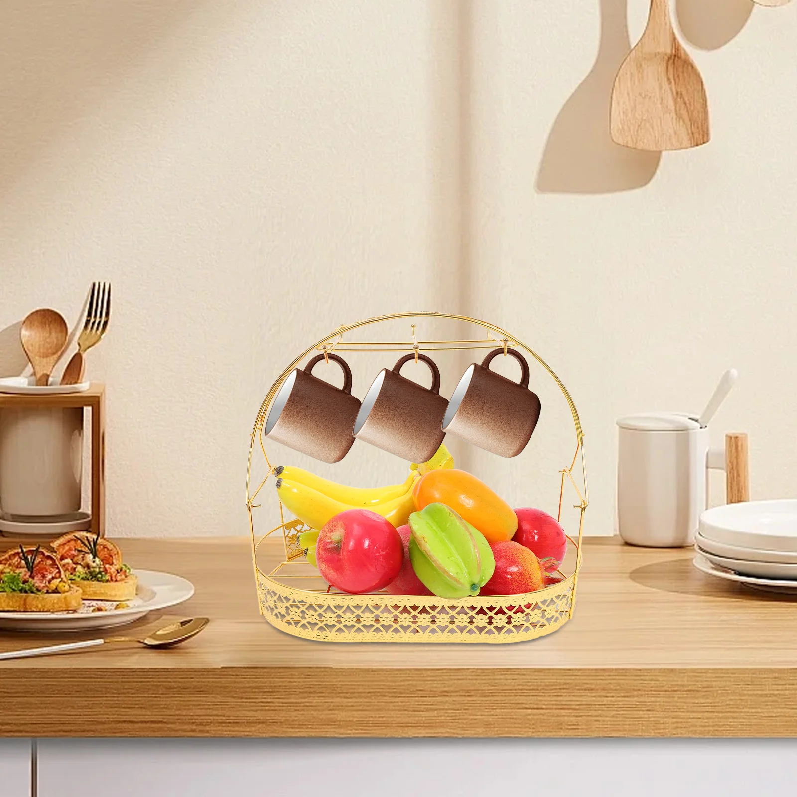 

Gold Plated Cup Rack Wrought Iron Mug Holder With Storage Basket For Kitchen Coffee Organizer Flat Back Cup Shelf