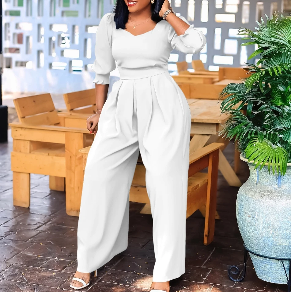 

2024 Woman Long Jumpsuits Elegant Long Sleeved Solid Color Loose Wide Leg Straight Jumpsuit Female Clothing Outfits
