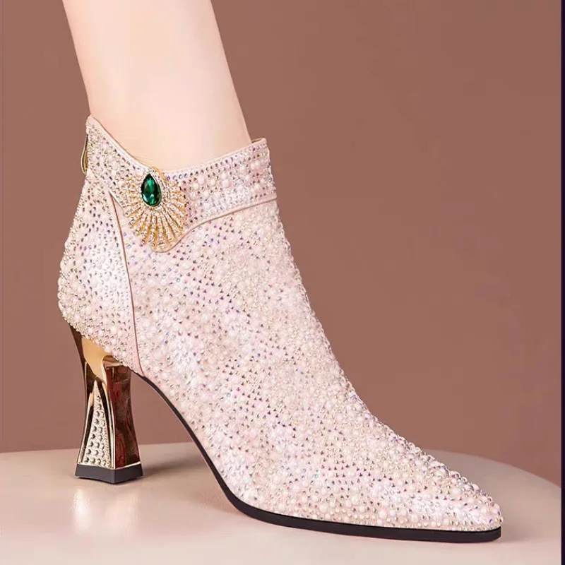 الصوف مبطن امرأة أحذية قصيرة حجر الراين الدافئة مثير حذاء من الجلد للنساء القوطي جودة عالية بيع على العرض الجديد في Y2k بو الجوارب #4