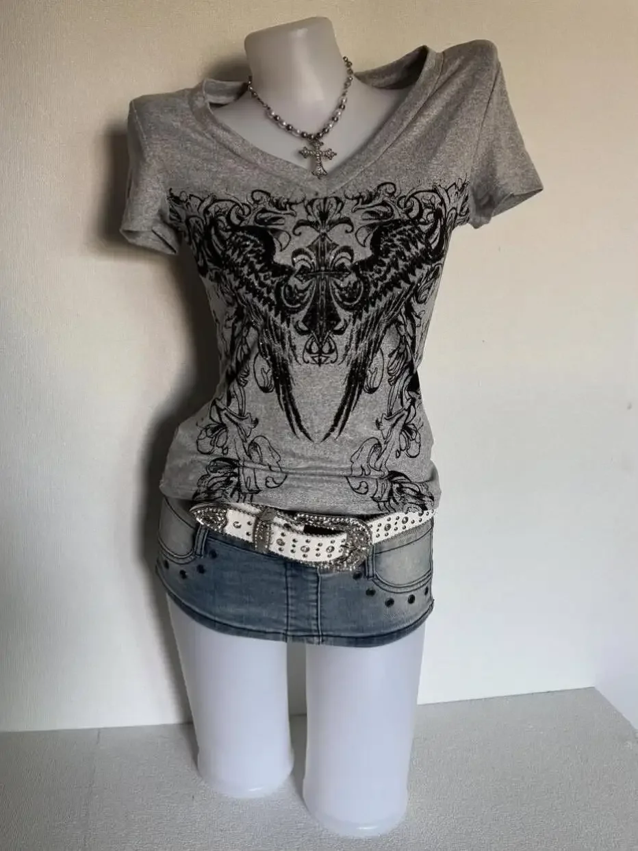 American Vintage Casual T-Shirt Women Gothic Subculture Slim Fit Printed Short Sleeve Top Y2K Fashion Streetwear Popular Clothes