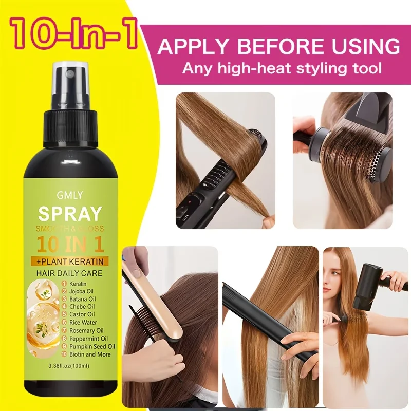 100Ml 10-In-1 Instant Smoothing Hair Care Spray, with Keratin And Rosemary Blend, Providing Lasting Smoothness And Shine for Up to 72 Hours, Protecting Against Heat Damage, Say Goodbye to Frizz, Easy Absorption, Rinse-Free Conditioner., Smooth