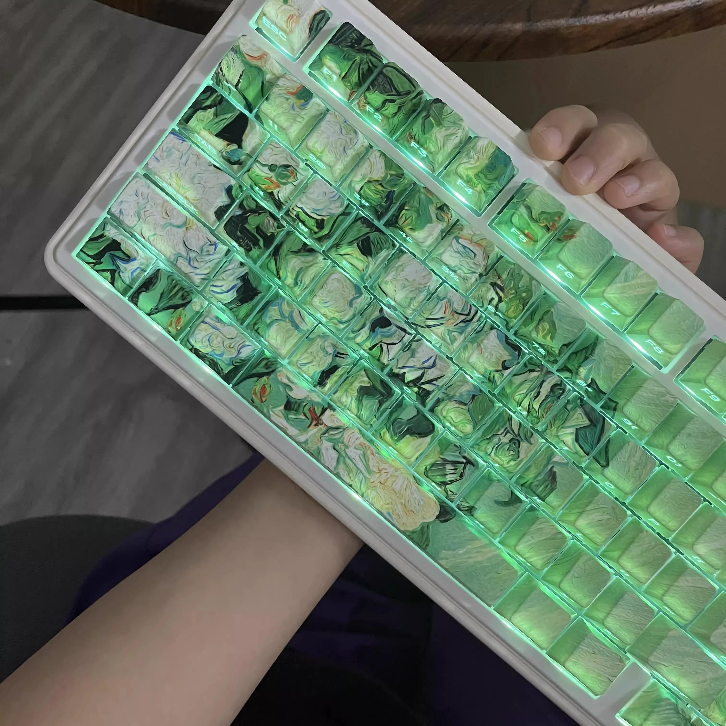 Original oil painting white rose light-transmitting 131-key mechanical keyboard PBT five-sided sublimation art keycap