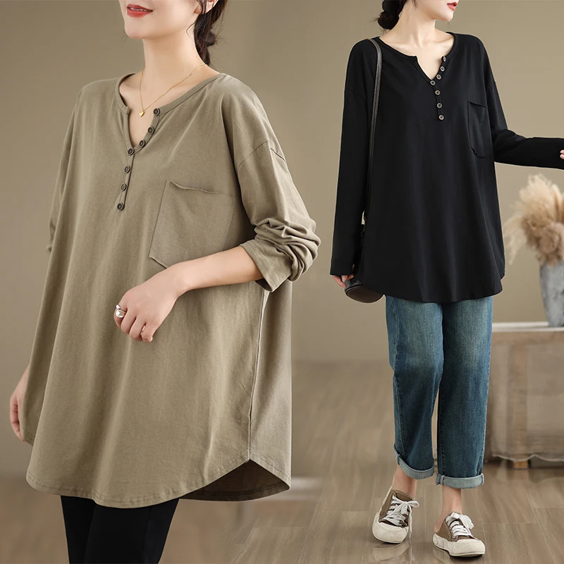 Loose Long Sleeve V-Neck Women's T-Shirt plus Size Slimming Base Shirt Pure Color Commute Style Artistic Loose Fit T-Shirt