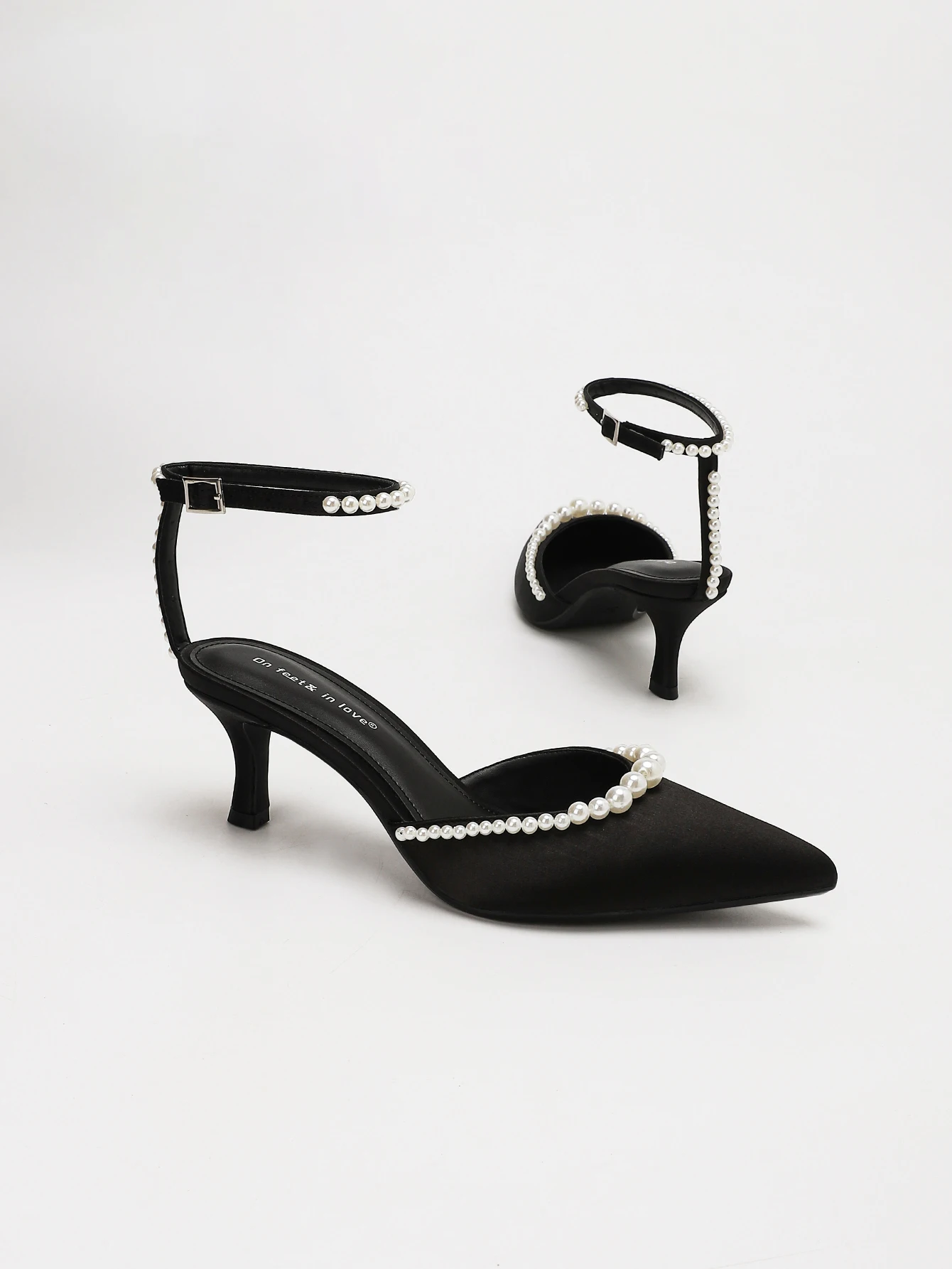 WOMEN BLACK SATIN PEARL ANKLE STRAP KITTEN HEEL SANDALS POINTED TOE SLINGBACK PUMPS BRIDAL WEDDING EVENING PARTY SHOES