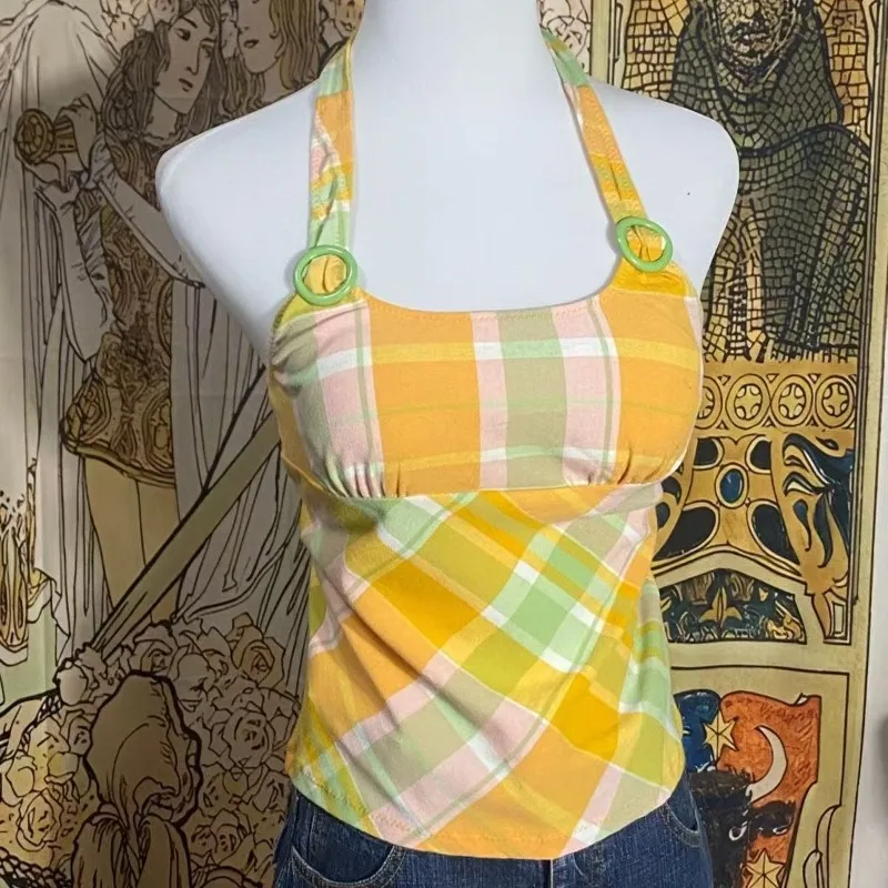 

Summer Dopamine Camisole Japanese Retro Subculture Checkered Halter Vest Harajuku Sweet Kawaii Tanks Women's Popular Slim Tops