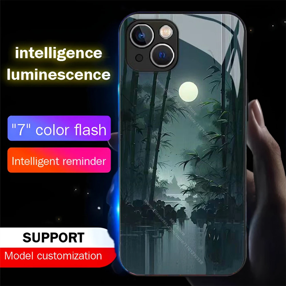 Moonlit Bamboo Grove LED Light Phone Case Glitter Shockproof Cover For iPhone 16 15 14 13 12 11 Pro Max X XS XR Plus SE