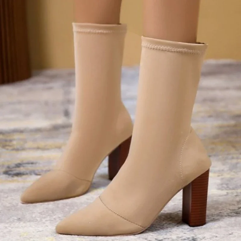 

2024 Women High Heels Silk Sock Boots Green Square Block Heels Ankle Boots Lady Spring Autumn Pointed Toe Satin Sexy Party Shoes
