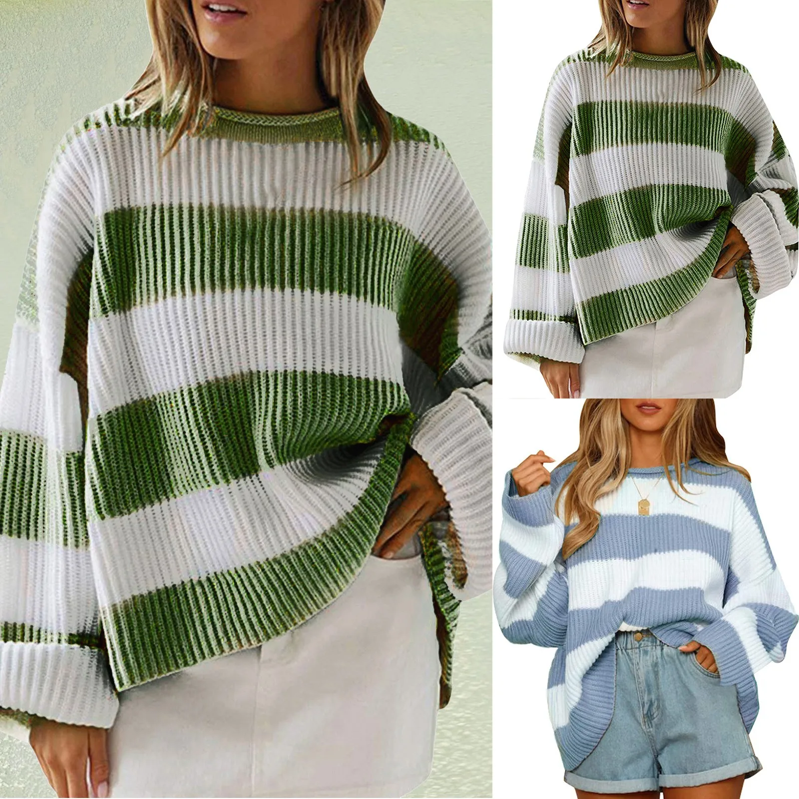 

Women Stripe Print Cable Knit Round-Neck Long Sleeve Sweaters Fall Winter Loose Sweater Thick Cozy Chunky Knitwear Basic Wear