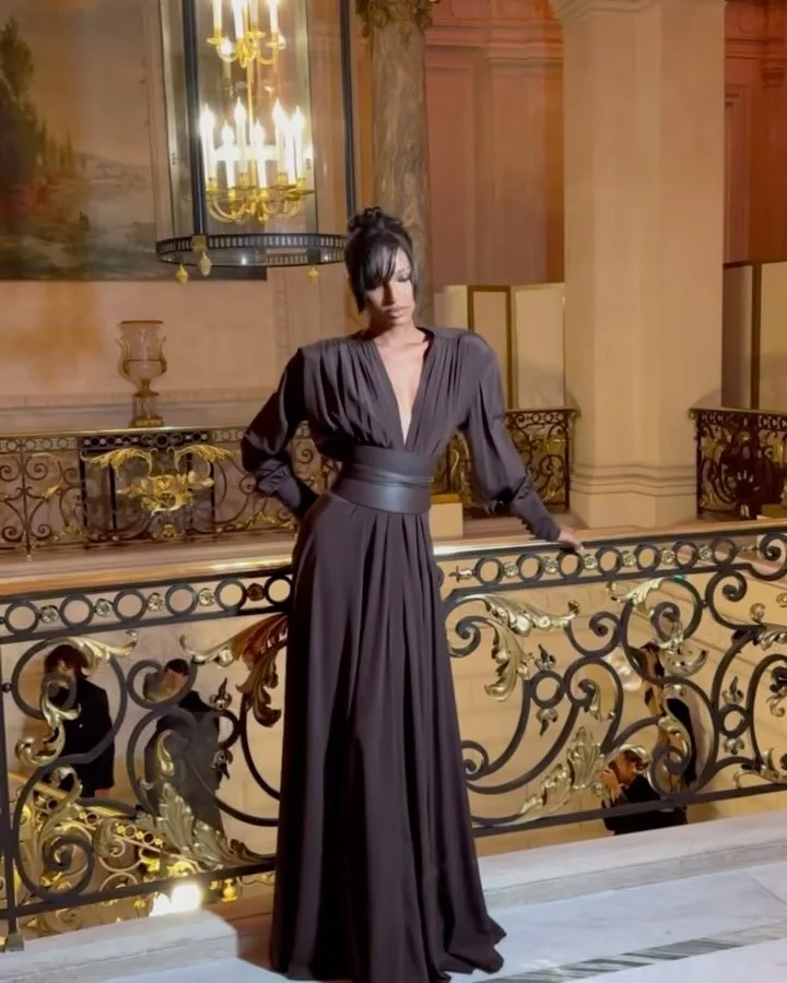 

ZNS Sexy Plunging V Neck High Waist Belt Long Sleeves Wedding Party Dress 2025 Autumn Fashion Dresses For Women Brown Gowns