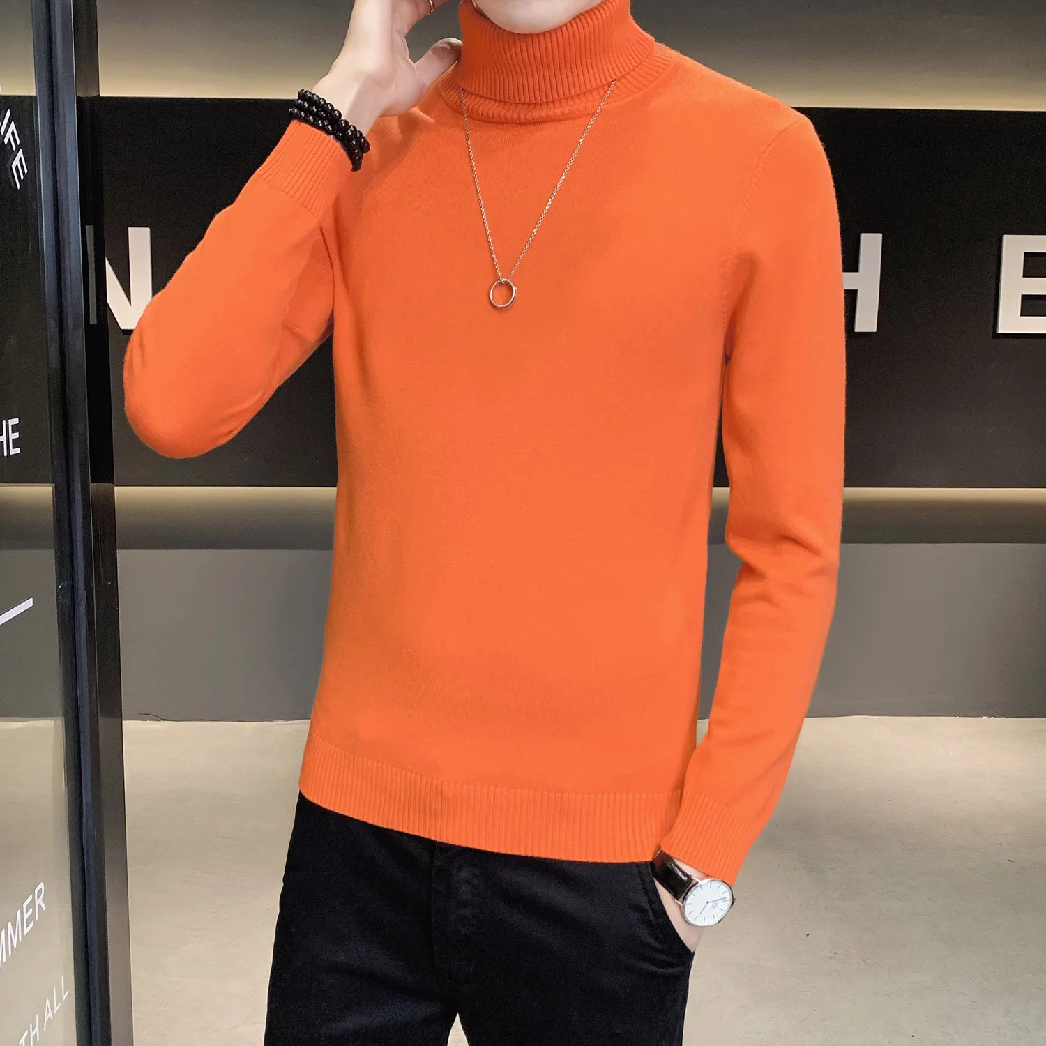 

2024 Autumn Winter Men's Black Turtleneck Sweaters High Neck Knitted Basic Top Solid Slim Fit Stretch Warm Pullovers pull homme