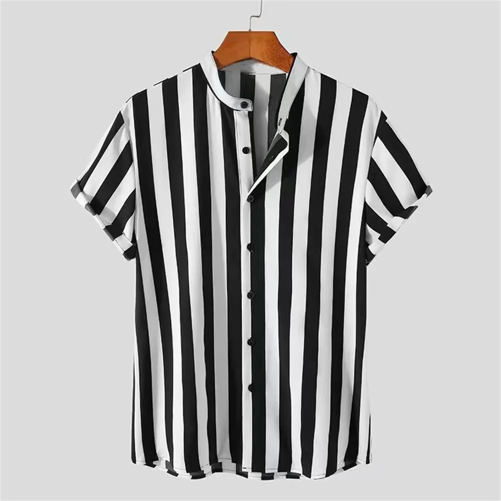 

New 2024 men's casual striped shirt, short sleeved comfortable shirt, outdoor seaside fashion trend men's T-shirt shirt, soft an