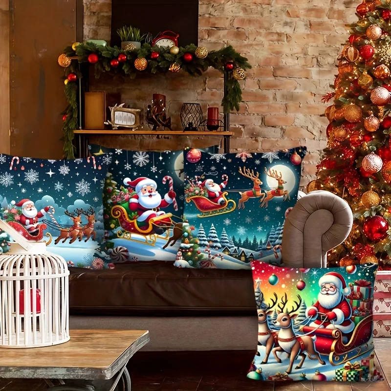 Christmas Pillow Covers 4pcs, Santa Reindeer Sleigh Single-Sided Print, Zippered Hand Wash for Sofa Holiday Decor