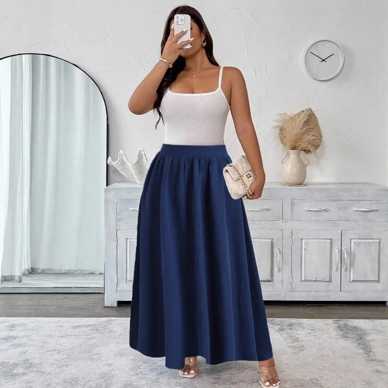 

GUWU Elegant High Waist A-line Pleated Long Plus Size Skirts 2025 Autumn New Style Large Size Big Swing Umbrella Maxi Skirt