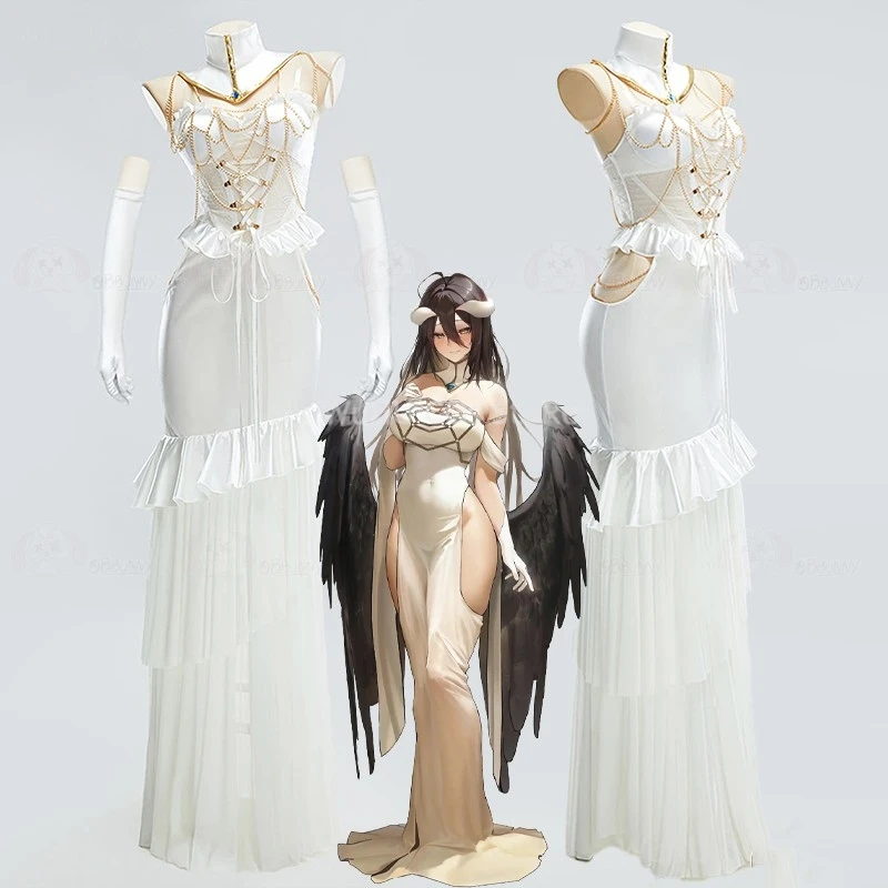

Anime Overlord Albedo Cosplay Costumes Glove Dress Wrapped Women Hip Open Crotch Fish Tail White Skirt Mermaid Halloween