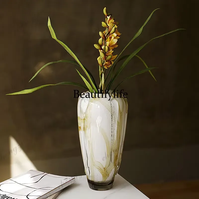Light Luxury Porcelain White Gold Glazed Vase Big Belly Closed Water Flower Arrangement for Living Room Entrance Home