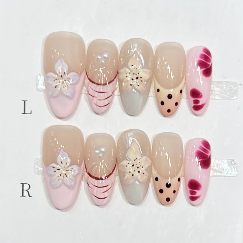 

10Pcs Pink French False Nails 3D Flowers Designs Nails Stickers Mid-length Almond Hand Draw Sweet Manicure Wearable Summer Nail