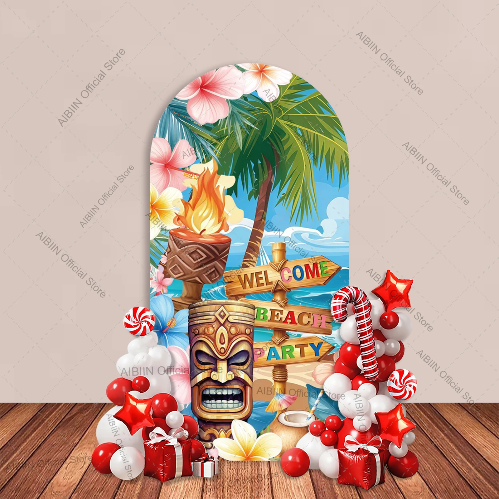 Hawaii Luau Happy Birthday Arch Backdrop Cover Summer Tropical Beach Tiki Pineapple Palm Tree Cake Party Decor Background view 3