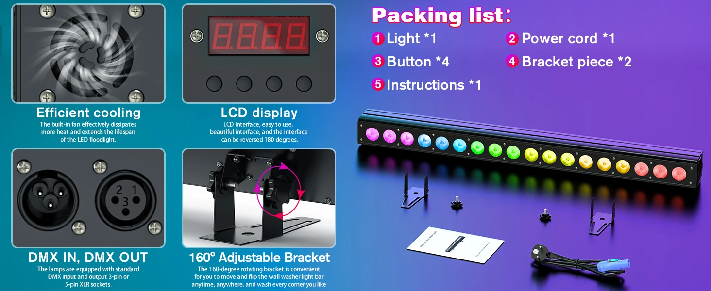 U'King 2PCS 120W RGBWAUV LED Wall Wash Licht DMX Line Bar Wash Bühnenlicht 18LED Effekt für DJ Party Hochzeit Veranstaltungen Beleuchtung – Detail 7
