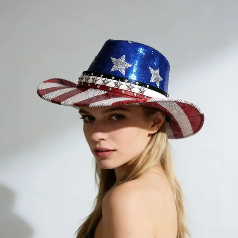flag sequin cowboy hat, no ties, European and American style, perfect for Independence Day parties, stage performances,