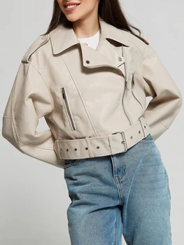 Ailegogo nuova primavera autunno donna sciolto Moto Biker Pu giacca in ecopelle Streetwear cintura femminile cerniera cappotto Outwear