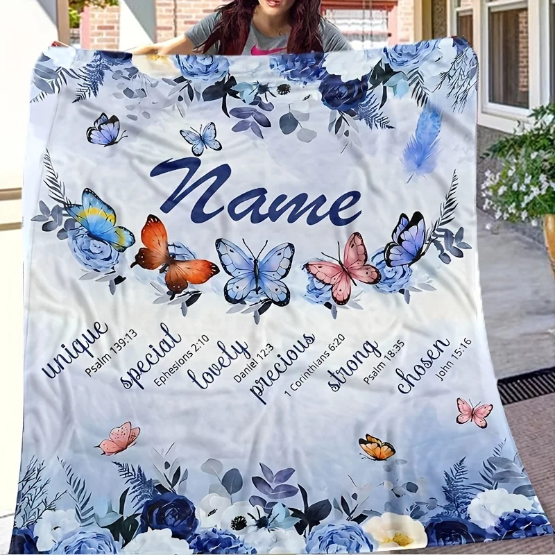 1pc Customized Blanket with Personalized Name and Text Design, Blue Butterfly and Flower Pattern, Creative Butterfly Print Blank