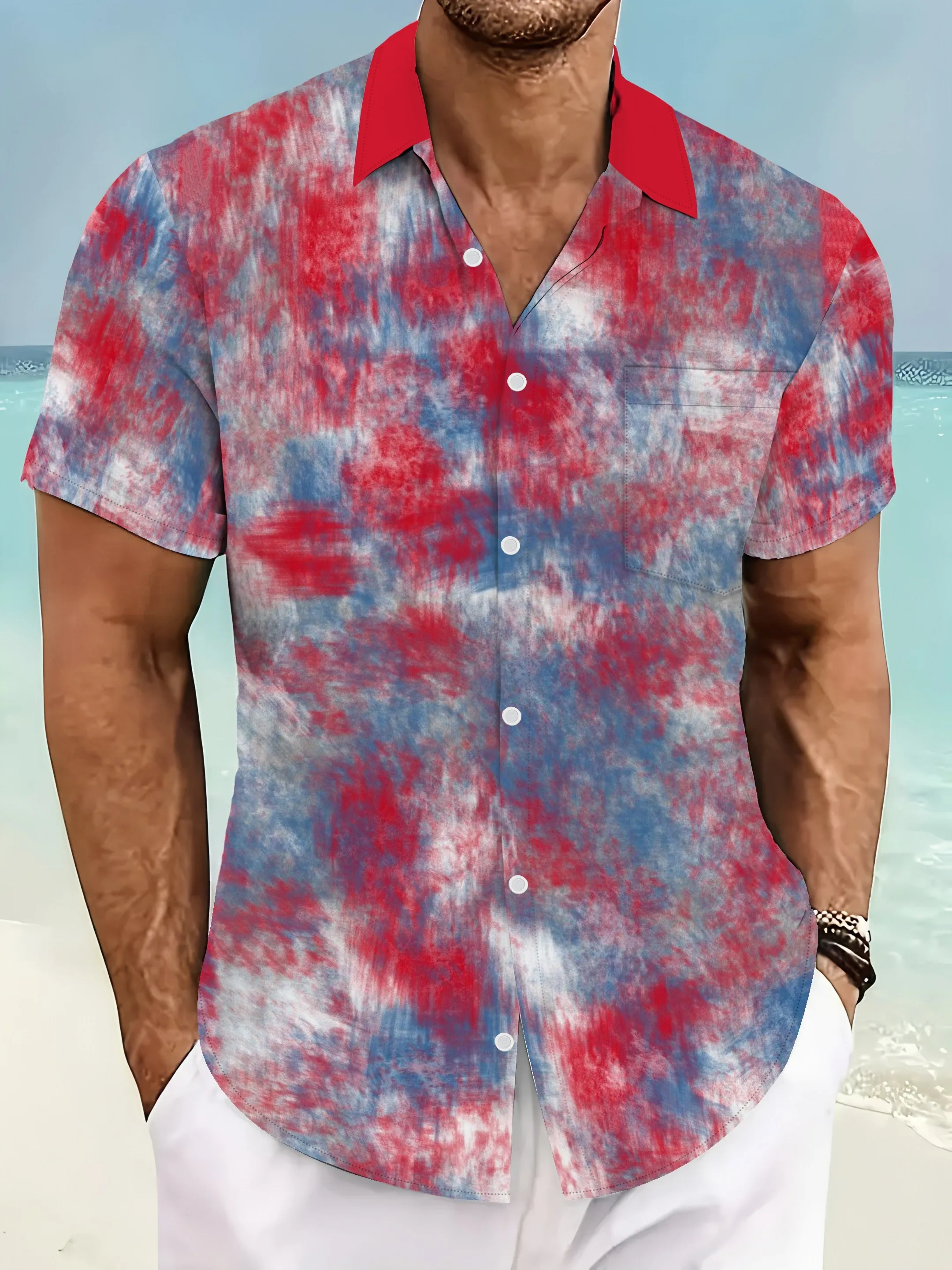 

Men's Hawaiian Shirt Red White Blue Tie Dye Contrast Collar Short Sleeve Button Down Casual Beach Aloha