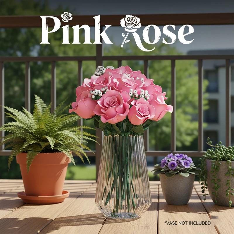 

Набор конструкторов из розовых роз и гипсофилы, сохраненный в форме букета, креативный и романтичный искусственный цветочный декор.