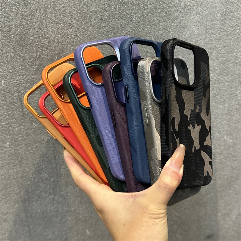 Camouflage PU Leather Magnetic Phone Case For iPhone 16 17Pro Max 15 13 14 Pro 17 Wireless Charging Alloy Lens Shockproof Cover