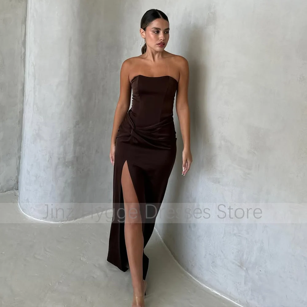 Brown Satin Evening Dresses for Women Strapless Side Split Sexy Prom Gowns Long Backless Sleeveless Column Formal Party Dress