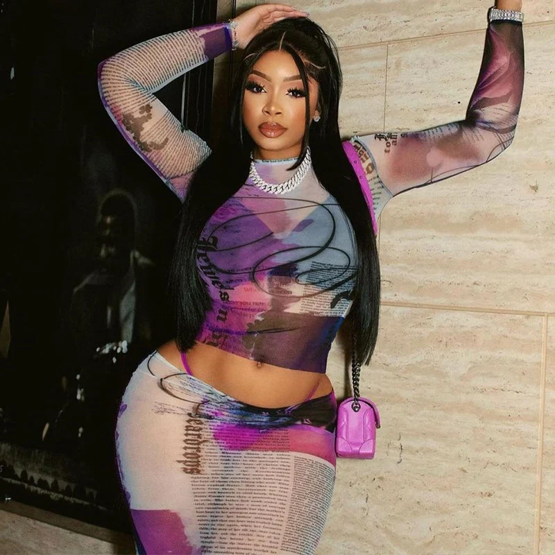 Sexy carta cor impressão maxi vestido define feminino conjunto de duas peças malha pura manga longa o pescoço colheita superior e saia longa conjuntos de correspondência