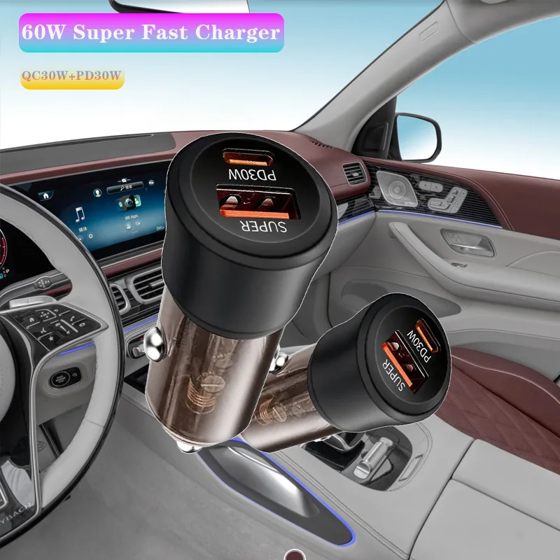 60W 2 Port Mini Car Charger with Super PD30W QC3.0 Fast Charging USB car Cigarette Lighter Adapter Transparent Design for phones