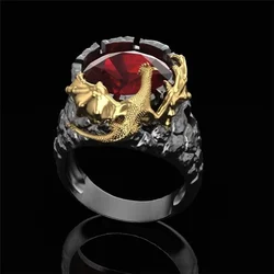 Milangirl Fashion Rings for Men Mighty Personality Dragon Ring Red Zircon Black Mens Ring Punk Jewelry