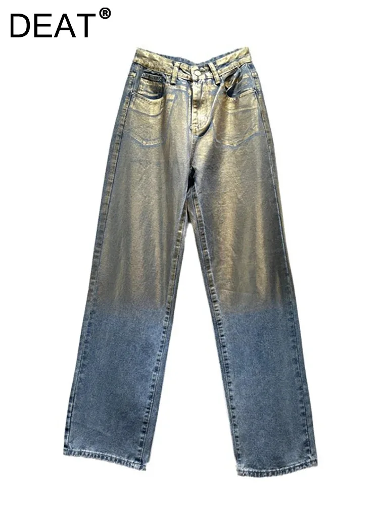 DEAT Women's Jeans High Waist Straight Shiny Silver Plated Gold Coated Do Old Denim Pants 2024 Autumn New Fashion 29L7855