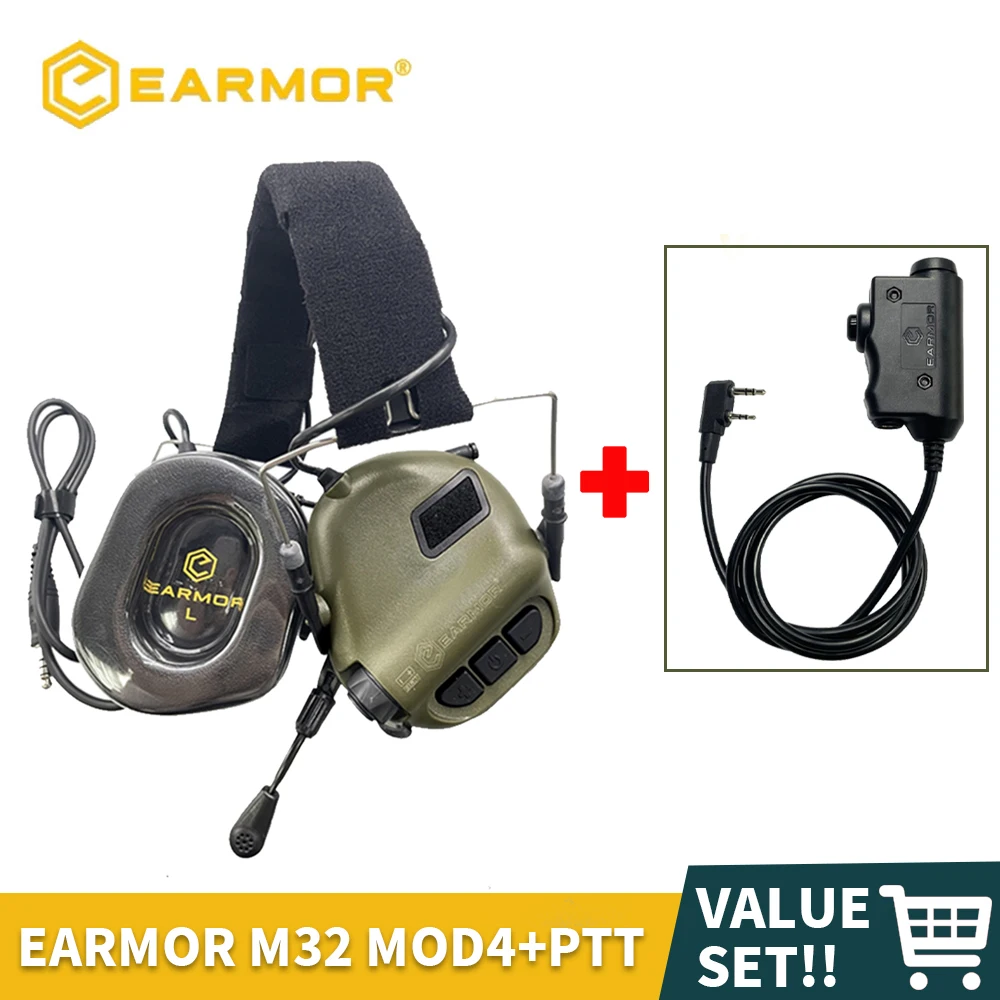 EARMOR M32 MOD4 Tactical Headset & U94 PTT Adapter Set Suitable for Baofeng Radio Communication Shooting Noise Clearance