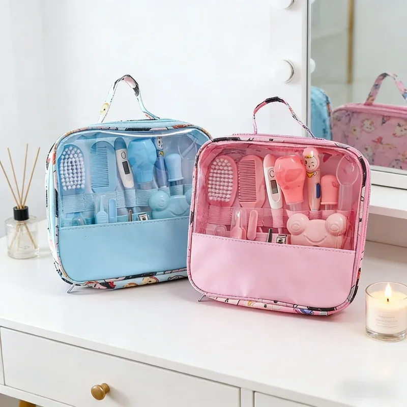 

Newborn Baby Care Kit 13 Piece Set with Bag Nose Suction Device Nail Clipper Thermometer Daily Cleaning Healthcare Grooming Kits