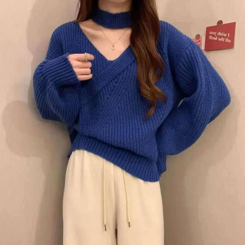 Neckline Sexy Atmosphere Sense Sweater Women Autumn Winter 2024 New Solid Color Careful Machine Hollowed-out Clavicle Knit Top