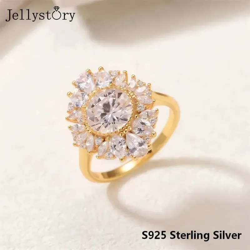 JellyStory S925 Silver Full Inlaid Moissanite Round Main Stone Ring Large Flower Shape Palace Style Luxurious High-end Feel