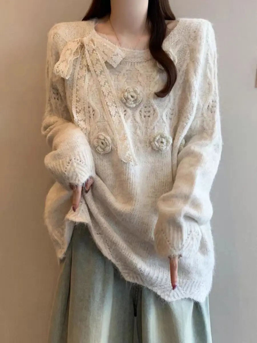 

Loose Women's Knitwear Hollow out Flower Design Spring Large Size Slimming Mid-Length Top Comfortable Breathable Warmth